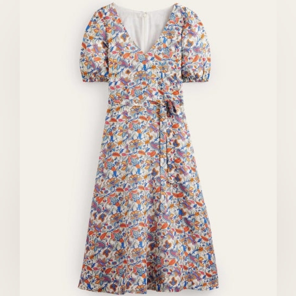 Boden Linen Blend Midi Dress Puff Sleeve A-Line Floral Boho Print V-Neck Size 14 - Picture 2 of 16